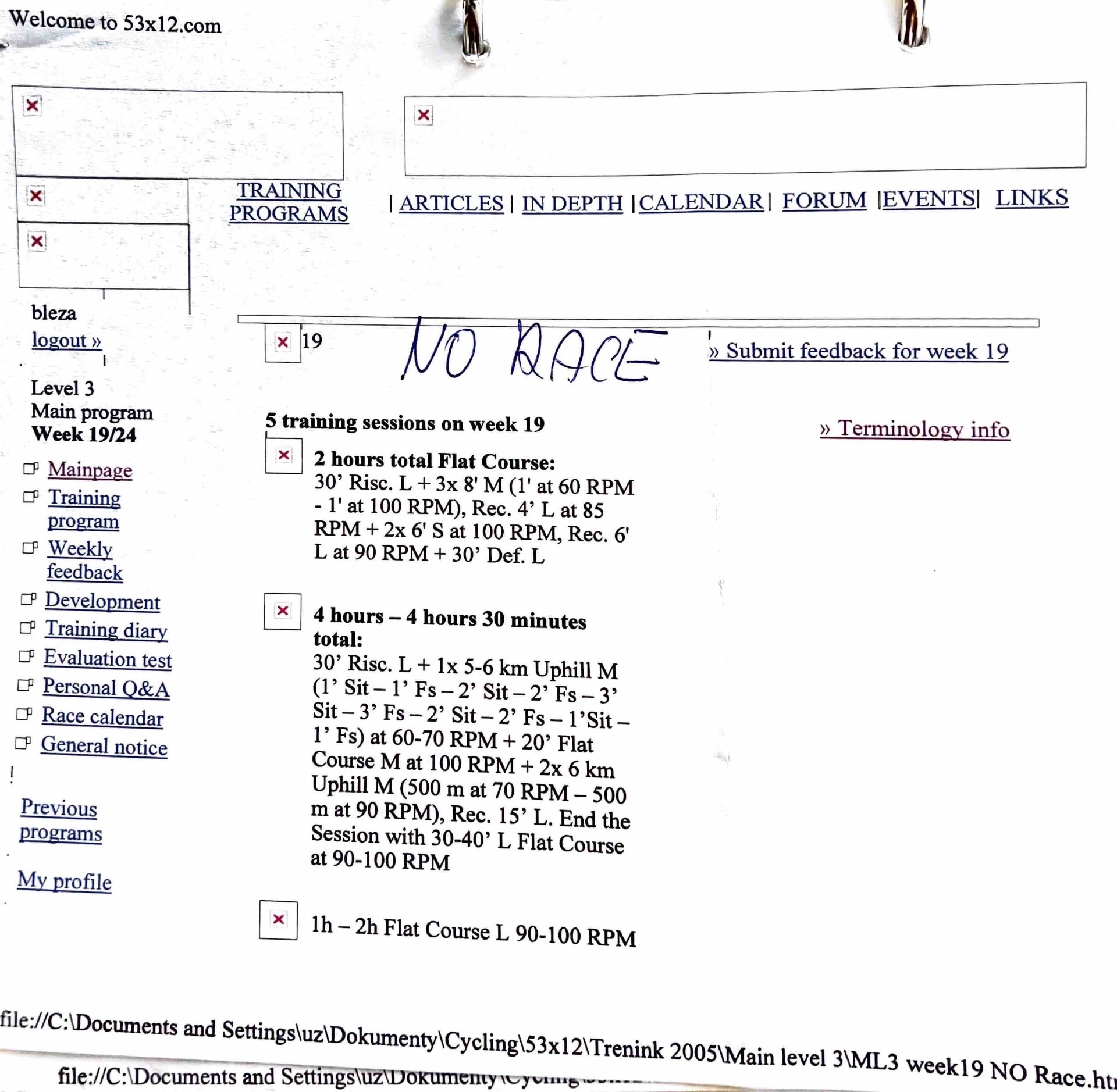 Rozepsaný trénink na část týdne